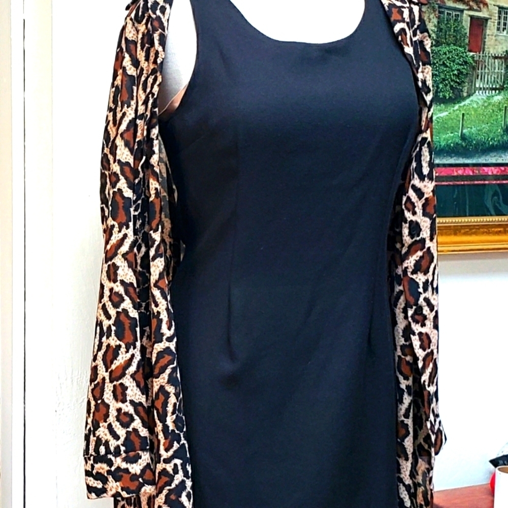 Stella Vintage Little Black Dress With Cheeta Print Sheer Cover Up 2 pc. Size M